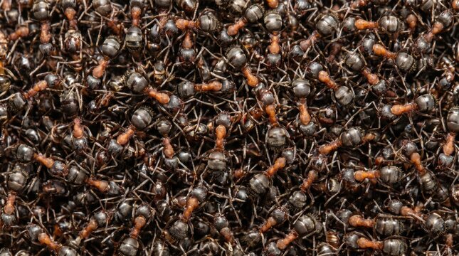 Macro close up view of a dense colony of red wood ants swarming together in a chaotic texture representing collective teamwork and natural biological behavior