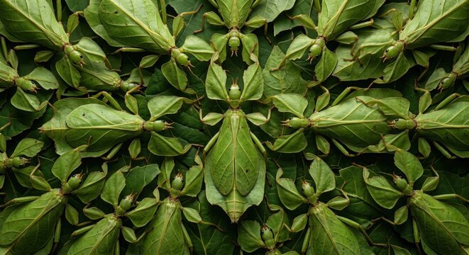 Group of leaf insects arranged in a symmetrical pattern on green foliage background highlighting the incredible natural camouflage and mimicry of nature