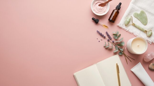 Self-care and skincare products on pink background