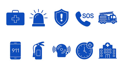 set of 10 minimalist blue vector icons representing emergency services, public safety, and medical assistance on transparent Background. Ideal for mobile app UI design, security website infographics,  © bikram