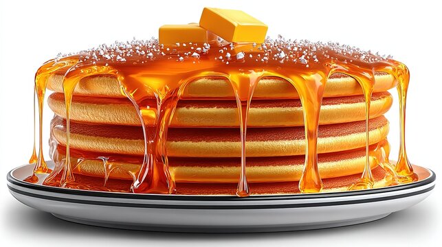 Six-layer pancake stack with two melting butter pats on top, maple syrup dripping down sides, white plate with black double rim line, white background.