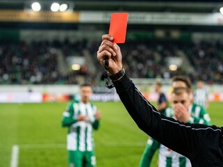 Soccer referee showing a red card during an intense football match, symbolizing discipline, authority, and fair play on the field © Afterrainproject