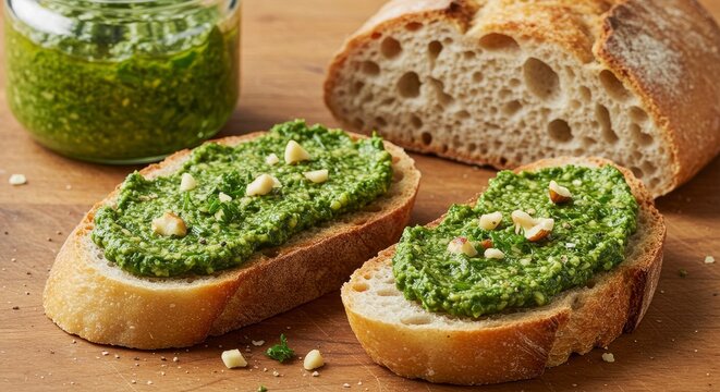 Fresh Pesto Spread on Crusty Bread Slices