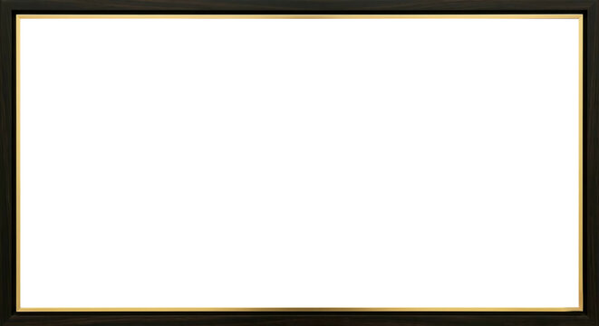 Luxury black ebony wood frame with elegant gold metallic inner border, premium minimalist dark wooden picture frame mockup, transparent PNG background
