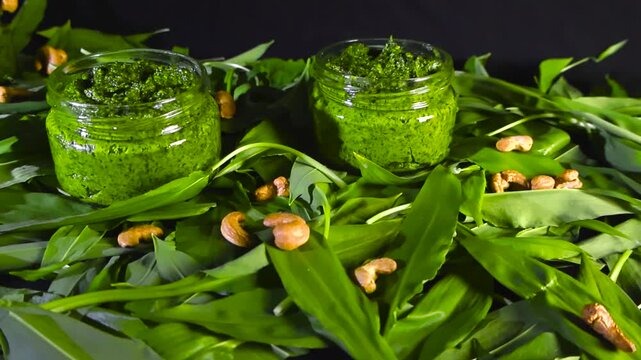 Two glass jars of homemade wild garlic pesto surrounded by fresh arugula, ramsons leaves, and mixed nuts rotating on a black background, showing a healthy, vegan, and delicious sauce