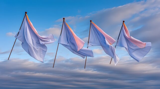 Four white blank flags with orange accents waving in the wind against a dramatic cloudy sky at sunset representing peace and freedom