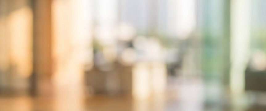 A blurred interior of a modern office space with sunlight streaming through large windows, showcasing a warm and inviting atmosphere.
