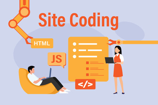 Website Development and Site Coding with Developers and Robotic Arms 2d flat vector illustration