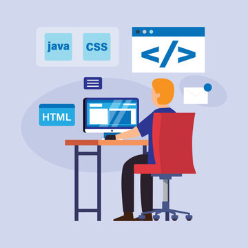 Web Developer Working at Desk Concept: Programmer Coding with Java, HTML, and CSS 2d flat vector illustration