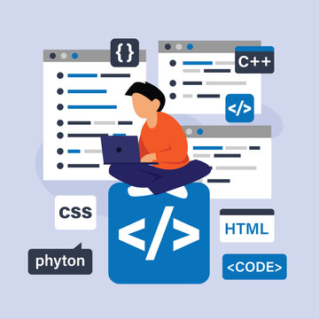 Software Developer and Programmer Concept: Man Working on Laptop with HTML, CSS, Python, and C++ Coding Icons 2d flat vector illustration
