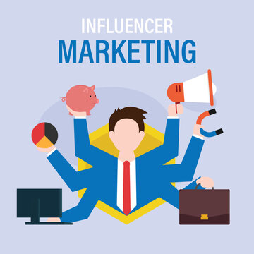 Influencer Marketing Specialist Multitasking with Social Media and Business Tools 2d flat vector illustration