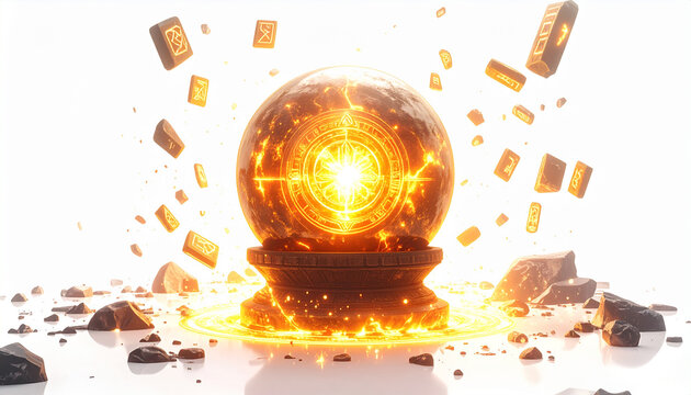 Glowing crystal ball with ancient symbols and gold coins explosion