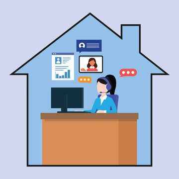 Remote Work and Customer Support Agent Working From Home 2d flat vector illustration