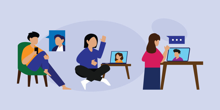 Diverse People Connecting via Video Call and Mobile Messaging for Remote Communication 2d flat vector illustration