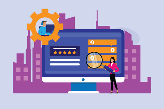 Customer Experience Management and Online Rating Analysis with Support Agent 2d flat vector illustration