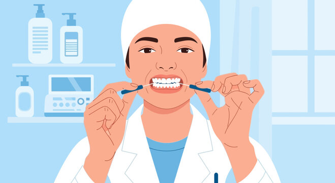 Dentist demonstrating proper interdental cleaning with brushes