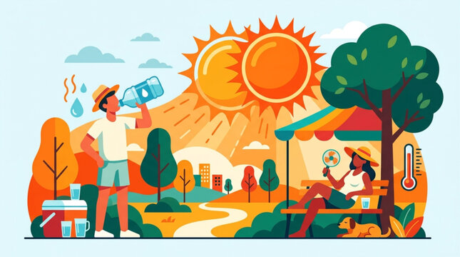Two people seeking relief from intense summer heat in a park, one drinking water and the other using a fan under a shaded canopy with a thermometer showing high temperature