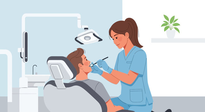 Dentist examining patient in modern dental clinic, medical care and health concept