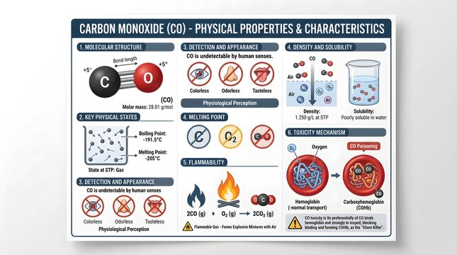 Carbon Monoxide (CO) &ndash; Physical Properties and Characteristics: Molecular Structure, Gas Density, Phase Data, Combustion Behavior, High Affinity for Hemoglobin, Physiological Effects and Safety Icons 