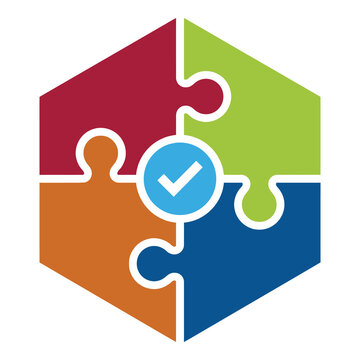 Colorful puzzle pieces coming together with checkmark in the middle icon