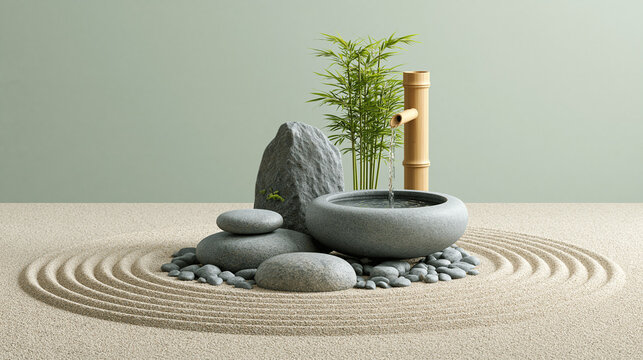 Tranquil zen garden scene with raked sand water feature bamboo and stone for meditation and peace