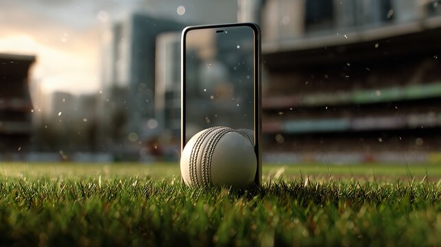 Cricket Ball Resting on Mobile frot Lush Green Grass Under Sunlight at an Outdoor Stadium Setting