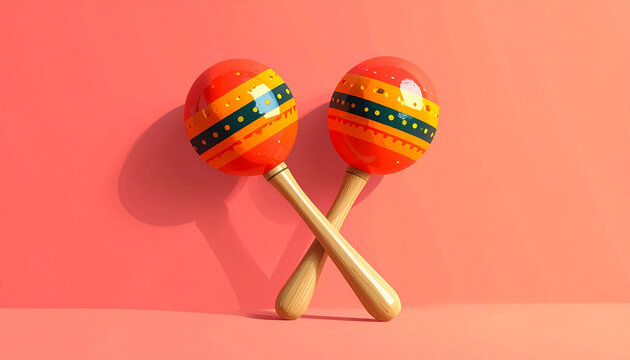 Vibrant maracas with wooden handles on pink isolated background