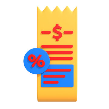 3D illustration of a yellow receipt with a red dollar sign and a blue circle with a percentage symbol, symbolizing discounts and financial transactions