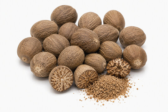 Whole nutmeg and ground nutmeg isolated on white background