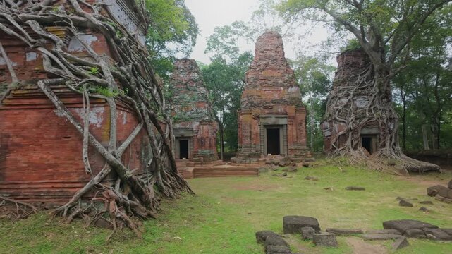 Ancient brick temples in Koh Ker, Siem Reap, Cambodia, are being reclaimed by nature as massive tree roots engulf one of the structures.