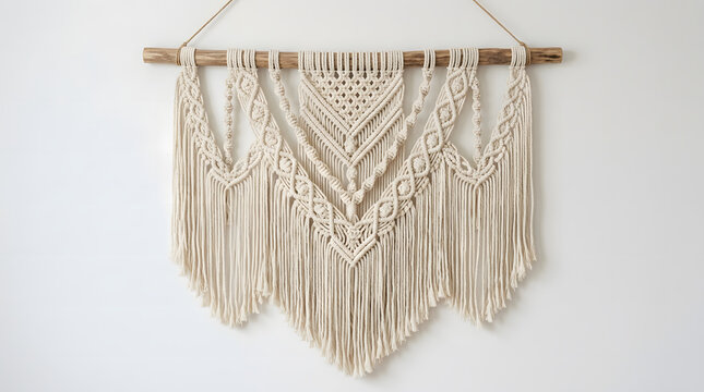 Intricate beige macrame wall hanging with decorative knot patterns and fringes suspended from a wooden dowel on a white wall.