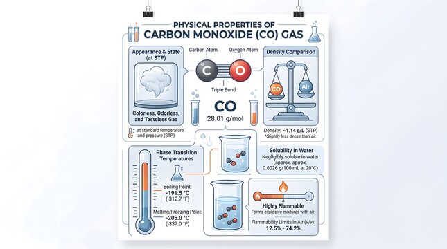 Physical Properties of Carbon Monoxide (CO) Gas: Appearance, Odor, Density Compared to Air, Phase‑Transition Temperatures, Solubility Behavior, Flammability Range and Key Data Summarized in a Clean Ha
