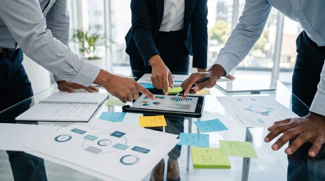 Close up of diverse business hands pointing at charts on tablet during collaborative strategy meeting with documents and sticky notes on glass table.