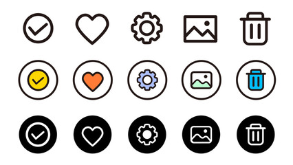 使いやすいUIアイコンセット｜画像 ゴミ箱 チェック ハート 設定 ボタン アプリ素材：UIアイコンセット04 © HiRo