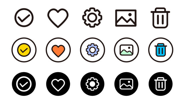 使いやすいUIアイコンセット｜画像 ゴミ箱 チェック ハート 設定 ボタン アプリ素材：UIアイコンセット04