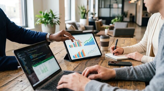 Creative business team analyzing financial charts and graphs on tablet and laptop during collaborative meeting at wooden table in modern coworking space for strategic planning