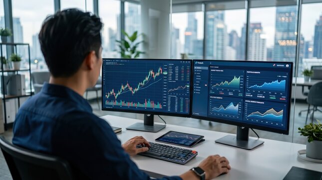 Financial trader monitoring stock market charts and crypto currency trading data on dual monitors in modern home office with urban background view.