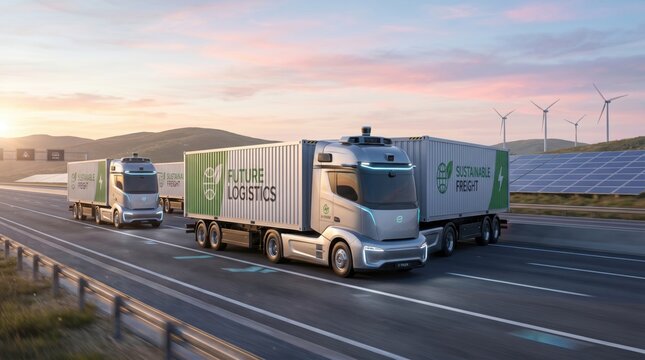 Fleet of autonomous electric semi trucks driving in platoon formation on highway during sunset, sustainable logistics and green freight transport concept
