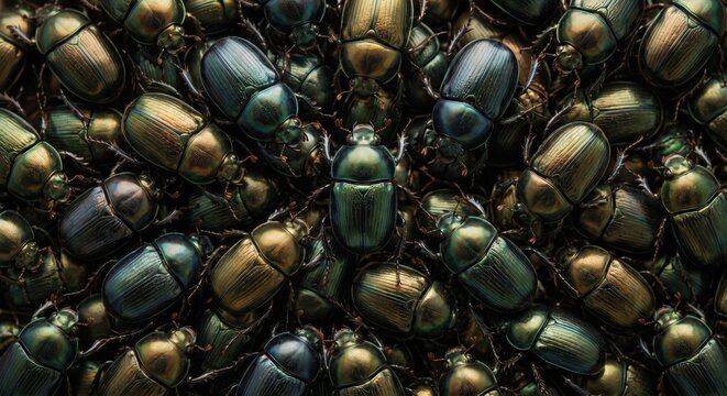 Macro view of a dense cluster of iridescent scarab beetles featuring shimmering metallic green and gold shells creating a textured natural pattern background