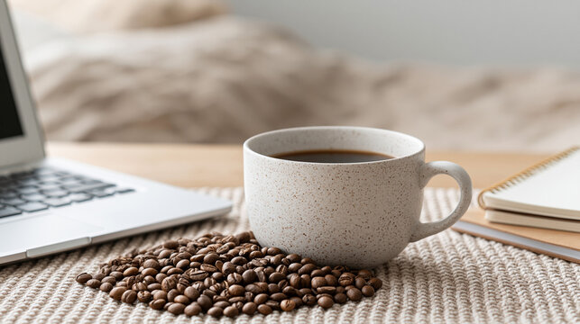 A mug of steaming black coffee sits beside a pile of roasted coffee beans and an open laptop, suggesting a productive work session or a relaxing break