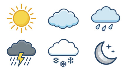 Obraz premium Colorful weather forecast icons featuring bright sun fluffy clouds rain snow lightning and moon for digital interface design projects today
