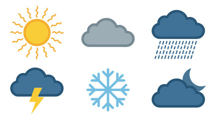 Obraz premium Set of professional weather icons featuring sun cloud rain storm snowflake and moon symbols for modern digital interface design usage