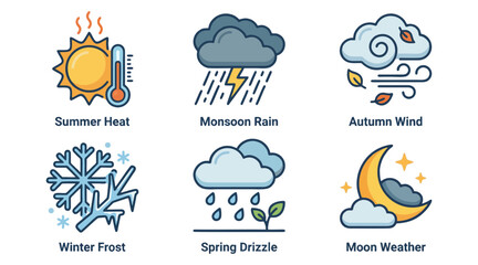 Obraz premium Collection of colorful weather icons featuring sun rain wind snow and moon symbols for various climate and season forecast applications