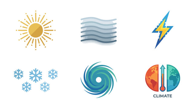 Collection of stylized weather icons featuring sun wind lightning snowflake hurricane and global climate change for professional graphic design projects