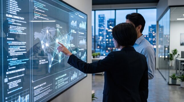 Executives analyzing global network connectivity data on large interactive touchscreen display, digital transformation and big data visualization in corporate boardroom.