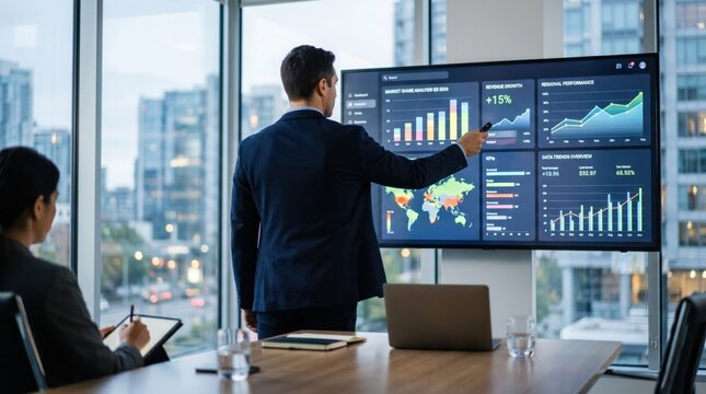 Man presenting financial charts and graphs on big screen in conference room