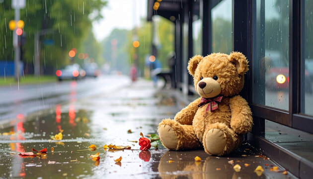 abandoned teddy bear sitting alone on wet sidewalk on rainy day