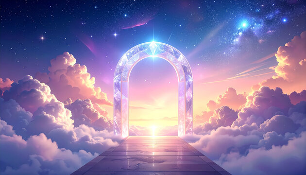Fantasy archway in clouds leading to starry sky with sunset