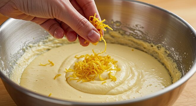 Hand adding lemon zest to cake batter in bowl