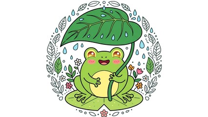Obraz premium Cute Frog Hiding Under Leaf from Rain